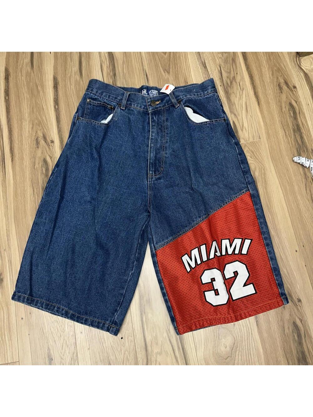 Vintage NBA Miami Heat Shaq Patch Jean Denim Shorts 34 Y2K